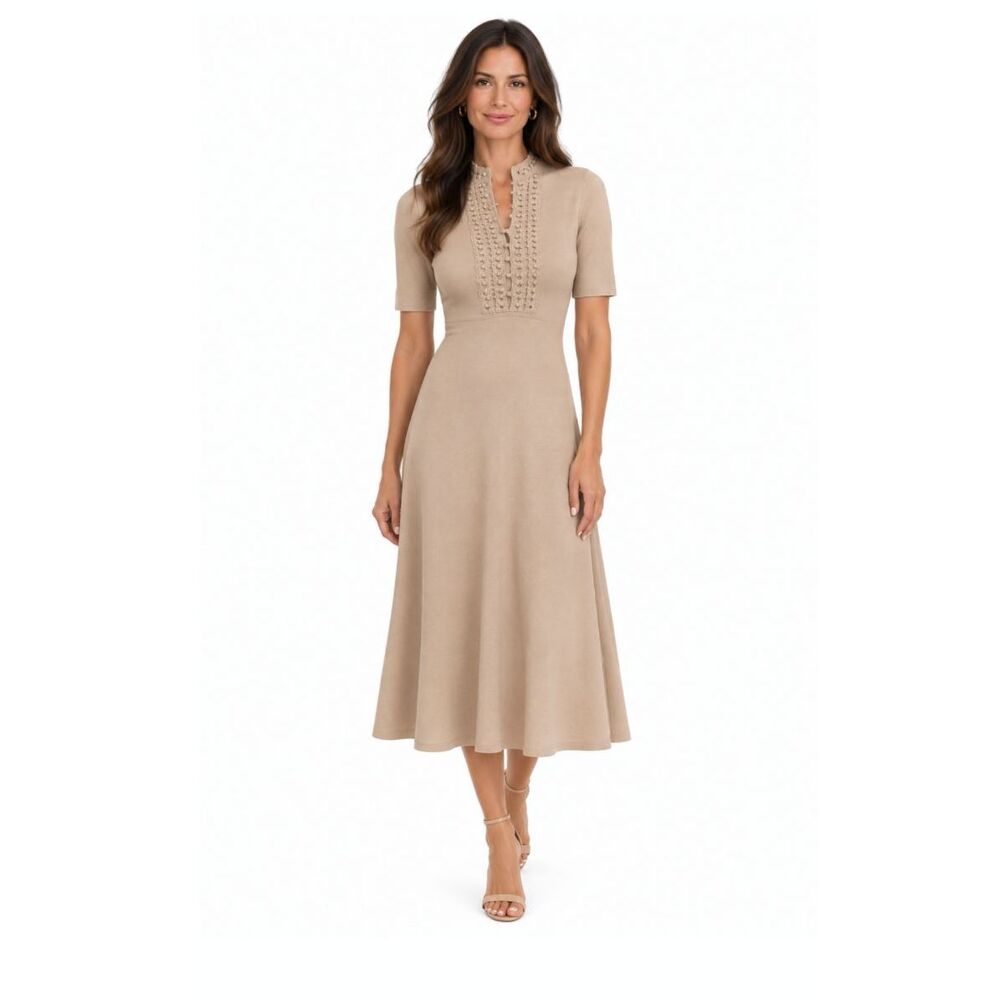 Scanlan Theodore Soft Crepe Daisy Midi Knit Size Small Tan/Brown